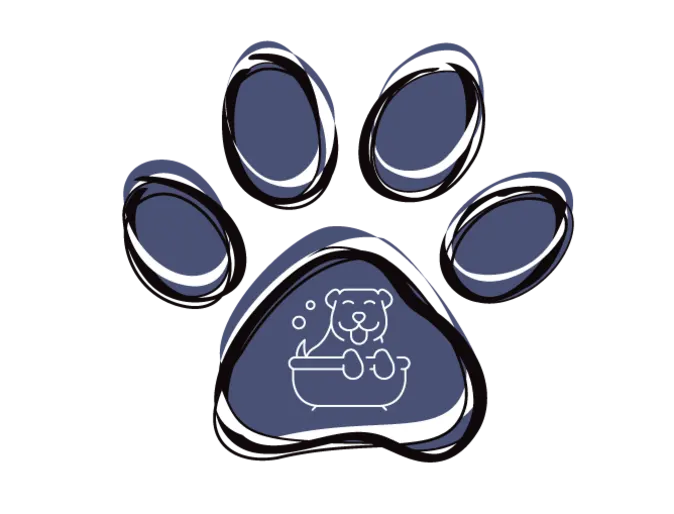 Paw icon with dog in bath on front, dog grooming at Bowhaus